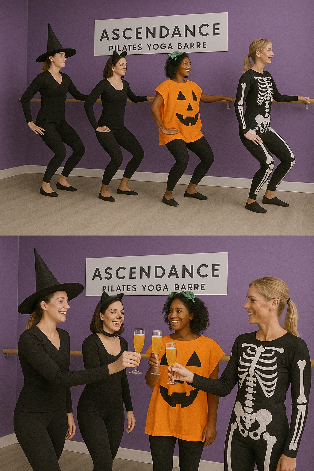Four women in Halloween costumes (witch, cat, pumpkin, skeleton) pose and dance in a studio with a sign reading Ascendance Pilates Yoga Barre. They then toast with drinks, smiling and celebrating together.