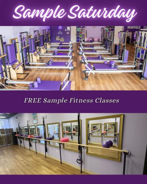 A fitness studio with Pilates reformer machines and exercise balls; mirrored walls and ballet barres. Text reads Sample Saturday and FREE Sample Fitness Classes on a purple background.