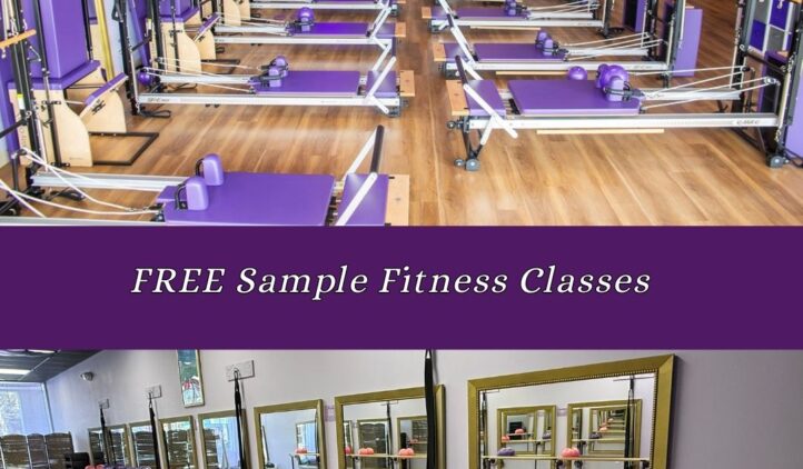 A fitness studio with Pilates reformer machines and exercise balls; mirrored walls and ballet barres. Text reads Sample Saturday and FREE Sample Fitness Classes on a purple background.