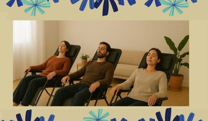 Three people sit back with eyes closed in reclining chairs, appearing relaxed in a cozy living room. The image is bordered with blue and teal floral patterns on the top and bottom.