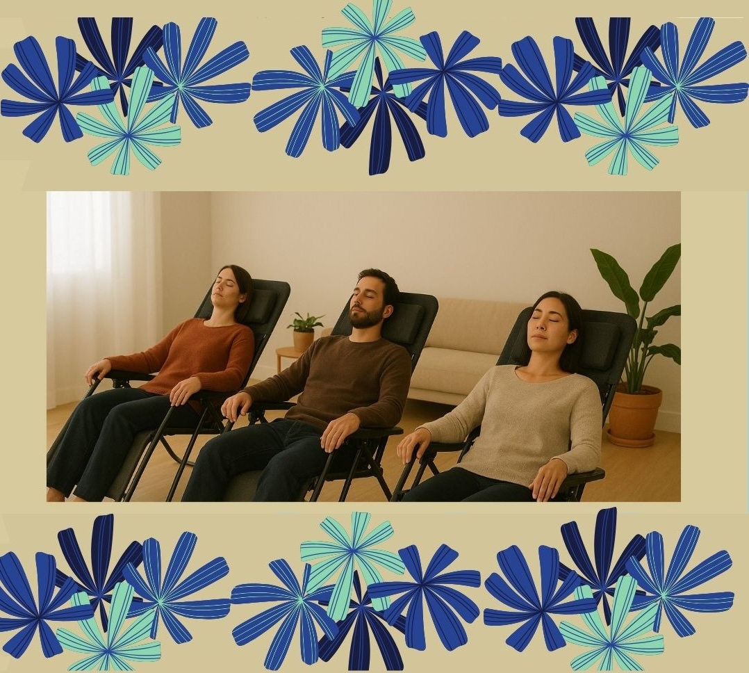 Three people sit back with eyes closed in reclining chairs, appearing relaxed in a cozy living room. The image is bordered with blue and teal floral patterns on the top and bottom.