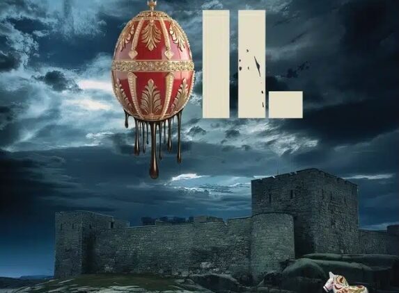 “Book cover for Peak Oil by David J. Freilich featuring bold title text, a red and gold decorative egg dripping oil, a dark cloudy sky over Fort Clinch, and a small white horse statue on the right.