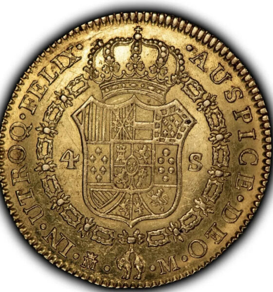 A gold coin with a crowned shield in the center, intricate designs, and the inscription UTROQ FELIX AUSSPICE DEO along the edge. The coin shows the number 4 and letter S.