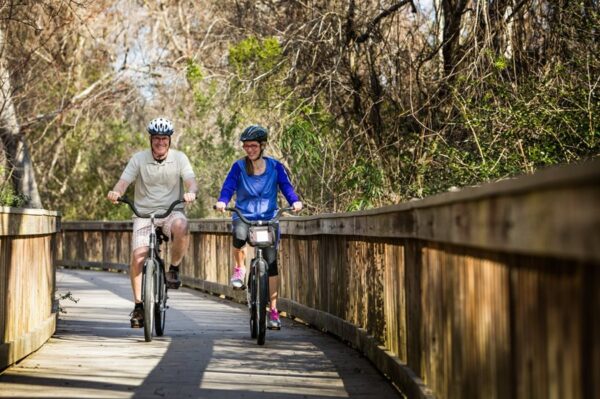 biking on a bridge
