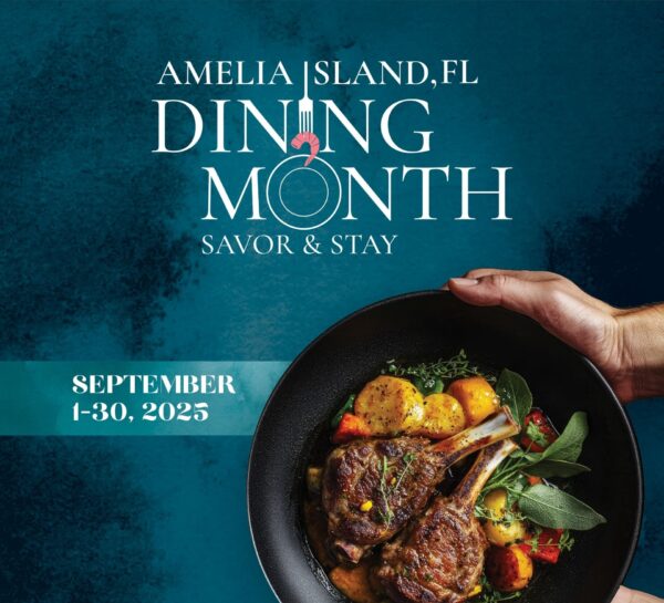 A hand holds a black bowl filled with cooked lamb chops, potatoes, and vegetables. Text above reads Amelia Island, FL Dining Month, Savor & Stay, with dates September 1-30, 2025 on a teal banner.