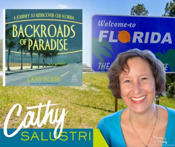 A smiling woman stands in front of a welcome to Florida sign. The image also shows the cover of the book Backroads of Paradise by Cathy Salustri, with palm trees and a road on the cover.