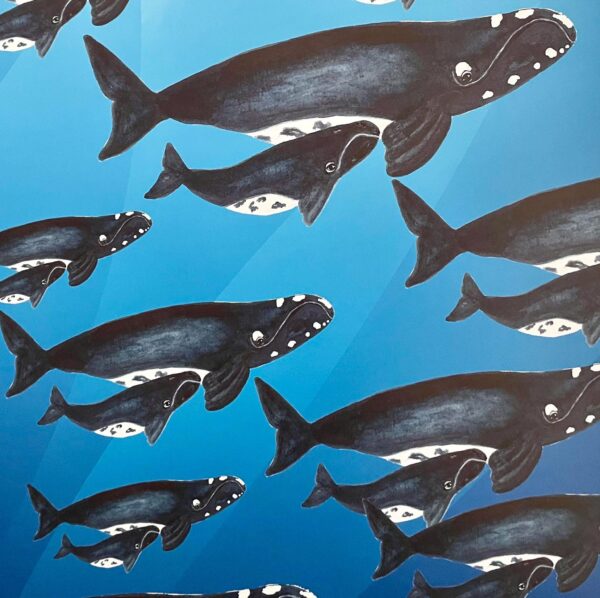A pattern of multiple right whales and their calves swimming on a blue background.