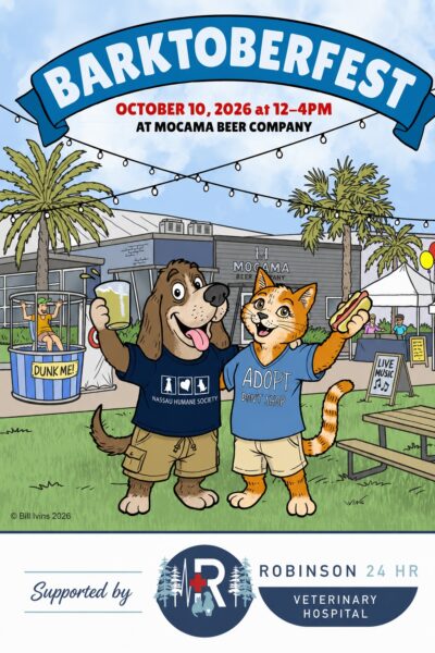 Cartoon dog and cat in event shirts stand in front of a brewery, waving. Banner reads Barktoberfest Oct 10, 2026 at Mocama Beer Company. Booths, people, and palm trees are in the background. Sponsored by Robinson 24 HR Vet Hospital.