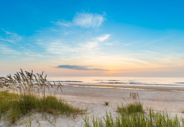 Sandy beach with green grasses in the foreground, calm ocean waves, and a bright, colorful sky at sunrise or sunset.