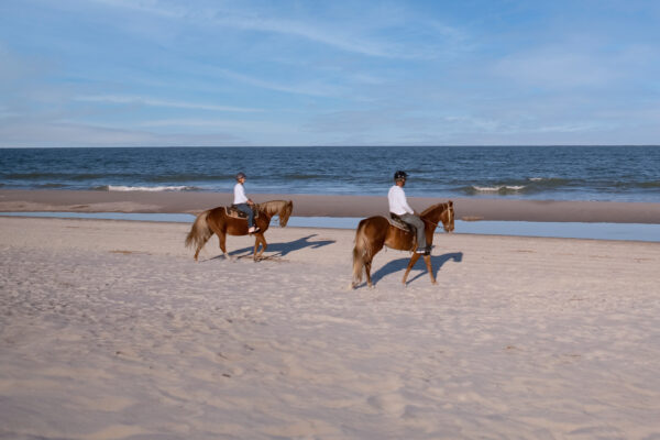 couple riding horses on beach