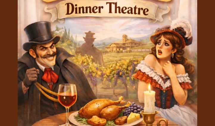 A vintage-style poster for Melodrama Dinner Theatre shows a sinister villain in a top hat and cape pointing at a shocked woman. Below, a table displays wine, grapes, cheese, and a candle. Text promises food, fun, and laughter.