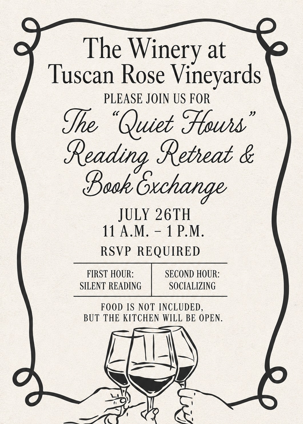 Event flyer for The Quiet Hours Reading Retreat & Book Exchange at The Winery at Tuscan Rose Vineyards, July 26th, 11 A.M.–1 P.M., RSVP required. Graphic of two hands clinking wine glasses at the bottom.