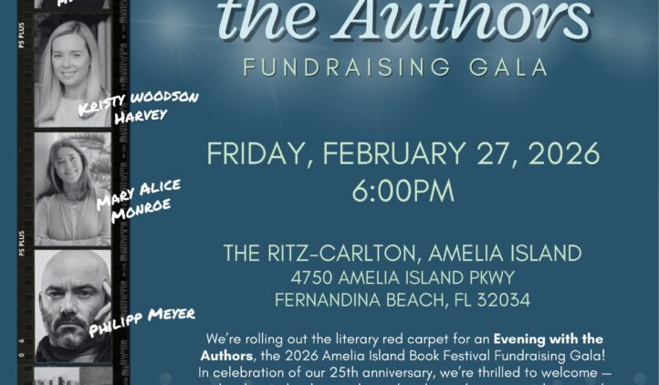 A promotional poster for the 2026 Amelia Island Book Festival’s “Evening with the Authors” fundraising gala, featuring author photos, event details, location, a QR code for tickets, and a teal and white color scheme.