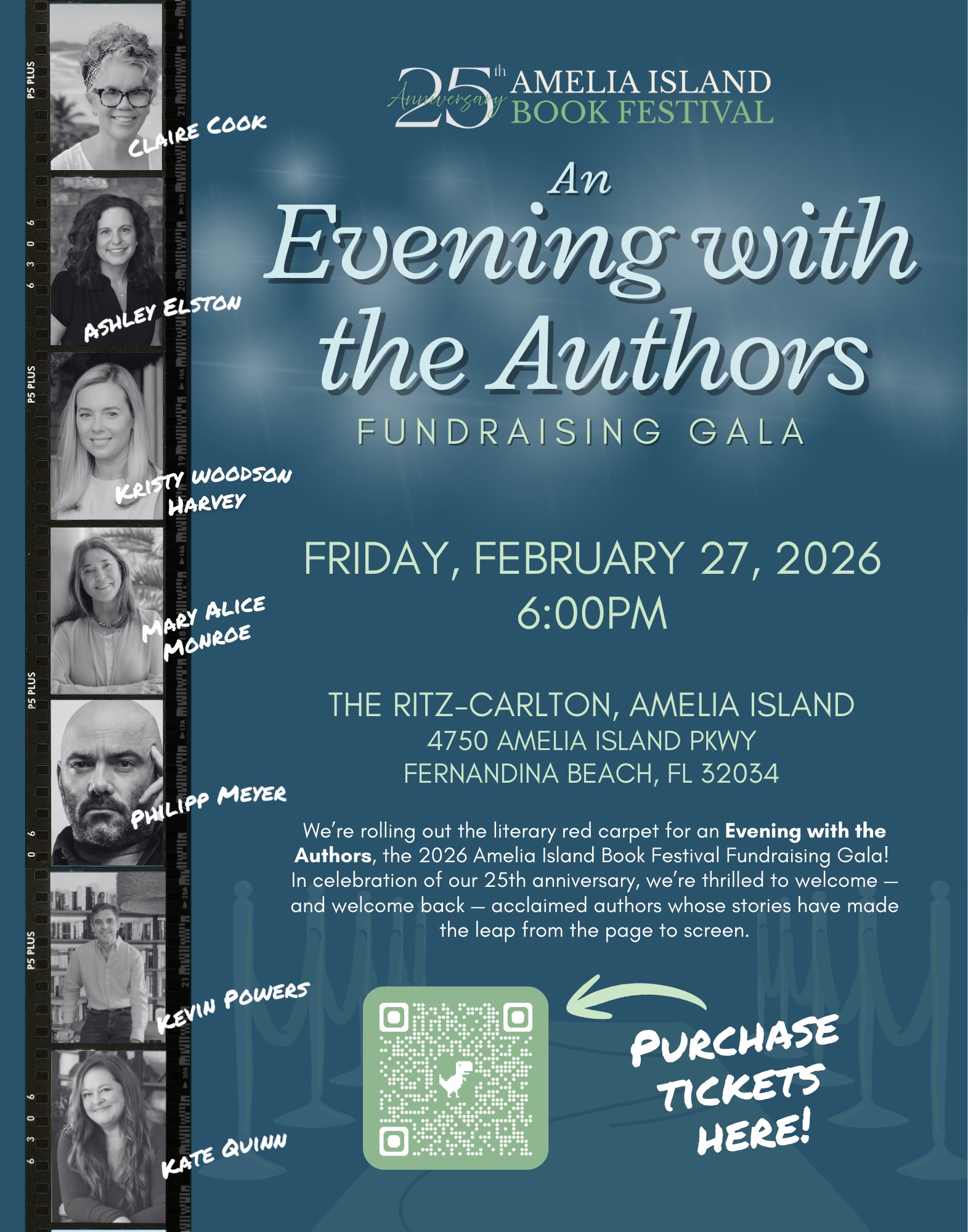 A promotional poster for the 2026 Amelia Island Book Festival’s “Evening with the Authors” fundraising gala, featuring author photos, event details, location, a QR code for tickets, and a teal and white color scheme.