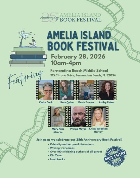 A colorful flyer for the Amelia Island Book Festival on February 28, 2026, at Fernandina Beach Middle School, featuring six author portraits and event highlights including book signings, author Q&A, kids’ zone, and food trucks.