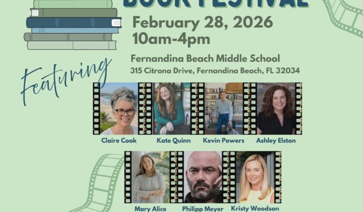 A colorful flyer for the Amelia Island Book Festival on February 28, 2026, at Fernandina Beach Middle School, featuring six author portraits and event highlights including book signings, author Q&A, kids’ zone, and food trucks.