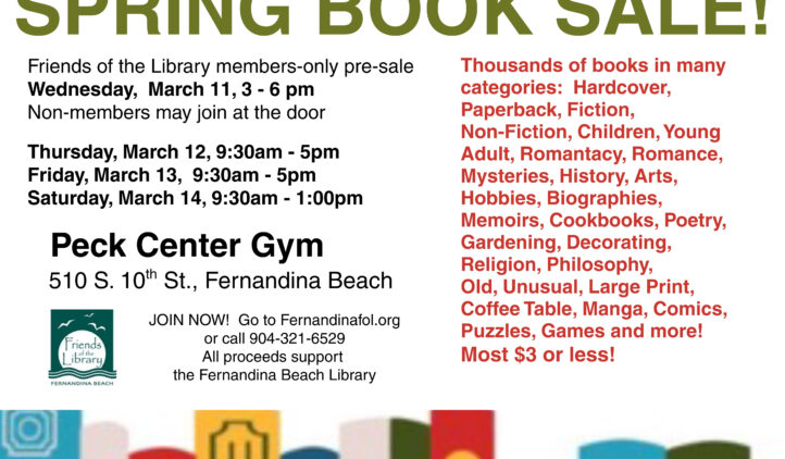 Flyer for the Friends of the Fernandina Beach Library Spring Book Sale at Peck Center Gym, listing dates, times, and categories like fiction, children’s books, hobbies, poetry, and more; most items $3 or less.