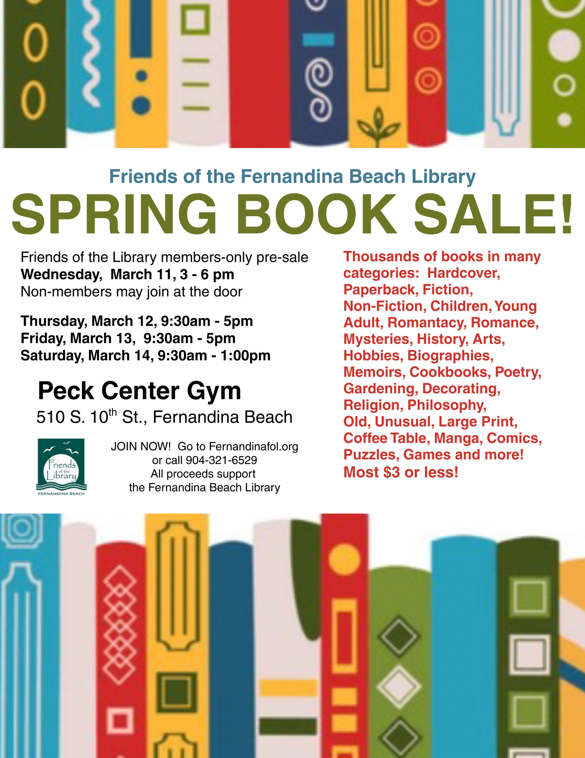 Flyer for the Friends of the Fernandina Beach Library Spring Book Sale at Peck Center Gym, listing dates, times, and categories like fiction, children’s books, hobbies, poetry, and more; most items $3 or less.