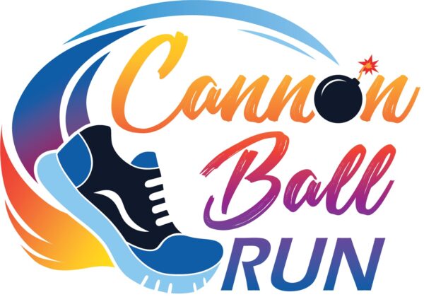 Logo for Cannon Ball Run featuring a sneaker and colorful, stylized text. The o in Cannon is depicted as a black cannonball with a lit fuse, with dynamic lines suggesting motion.