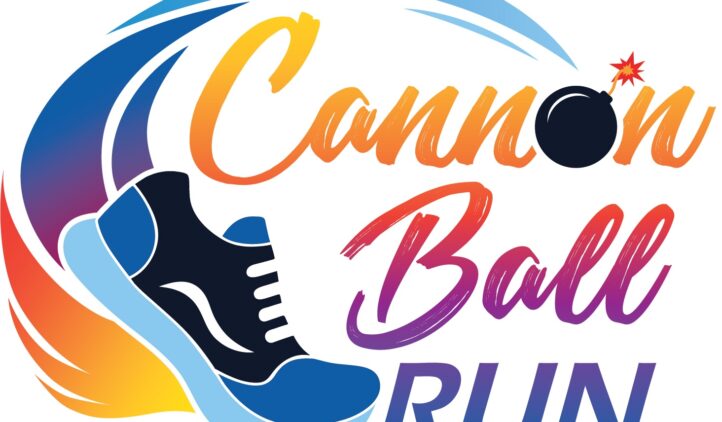 Logo for Cannon Ball Run featuring a sneaker and colorful, stylized text. The o in Cannon is depicted as a black cannonball with a lit fuse, with dynamic lines suggesting motion.