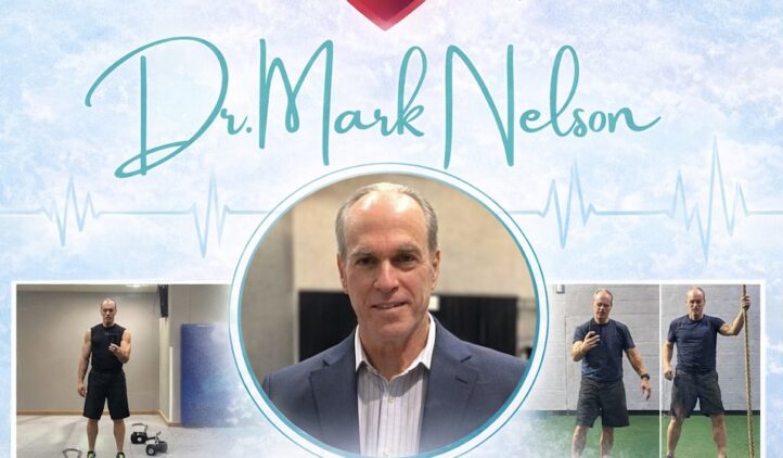 Graphic with a heart and heartbeat line, text Dr. Mark Nelson. Three images of a man: center in a suit, left lifting weights, right exercising. Text reads, How to Create Cardiovascular Health for a Long Vibrant Life.