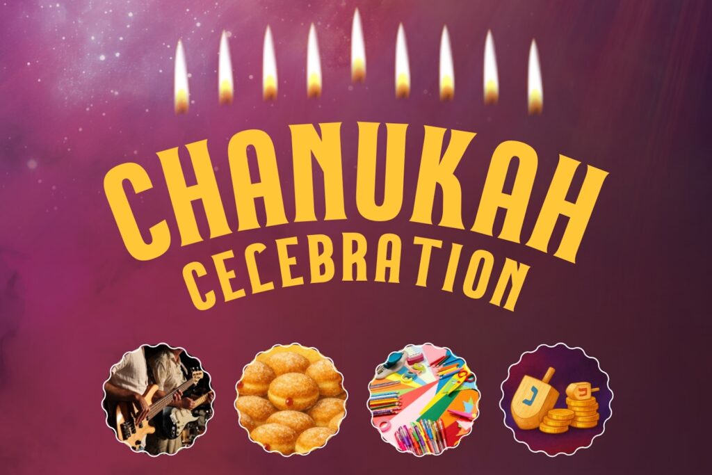 Image with a purple background showing eight lit candles above the words Chanukah Celebration. Below are images of musicians, fried donuts, colored crafts, and dreidels.