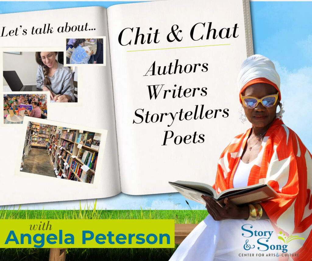 Open book with “Chit & Chat: Authors, Writers, Storytellers, Poets.” Collage of people reading, woman in sunglasses and orange scarf holding a book, grass, and “with Angela Peterson” at the bottom.