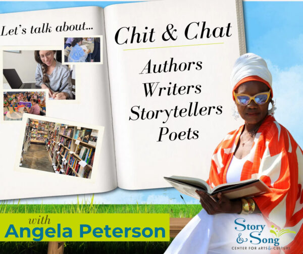 Open book with “Chit & Chat: Authors, Writers, Storytellers, Poets.” Collage of people reading, woman in sunglasses and orange scarf holding a book, grass, and “with Angela Peterson” at the bottom.