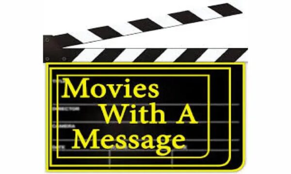 A film clapperboard with the text Movies With A Message in bold yellow letters on a black background, framed with a yellow border.