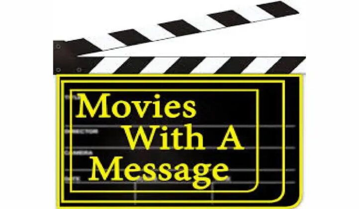 A film clapperboard with the text Movies With A Message in bold yellow letters on a black background, framed with a yellow border.