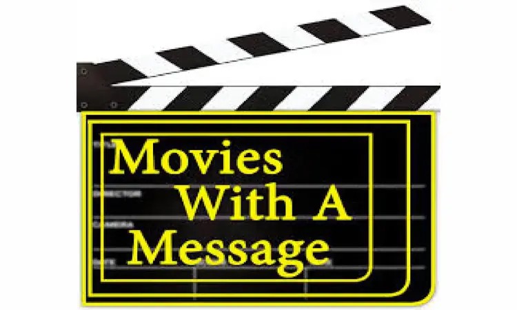 A film clapperboard with the text Movies With A Message in bold yellow letters on a black background, framed with a yellow border.