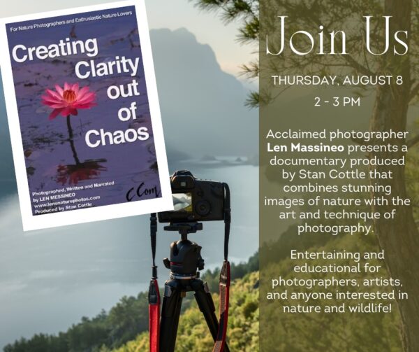 A camera is set up on a tripod, overlooking a scenic, misty mountain view. Overlay text invites viewers to a documentary event about nature photography, featuring a pink water lily book cover titled Creating Clarity out of Chaos.