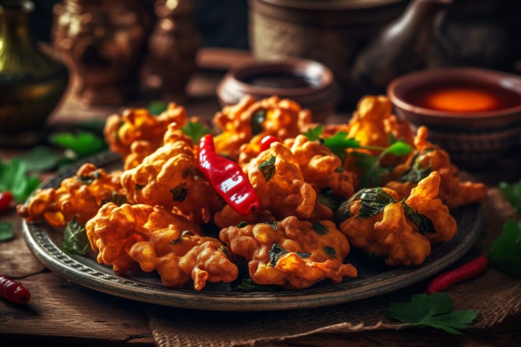 A plate of golden, crispy vegetable pakoras garnished with fresh herbs and whole red chilies, set on a rustic wooden table with ceramic bowls and spices in the background.