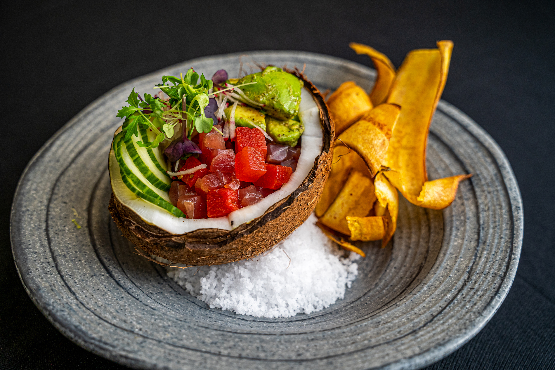 A halved coconut shell filled with diced raw fish, avocado, cucumber, and microgreens sits on a gray plate with a bed of salt, accompanied by plantain chips on the side.