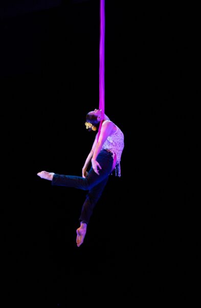 Aerial performer in black pants and a lacy white top hangs gracefully from a purple silk against a black background, with a flower in their hair and one leg extended outward.