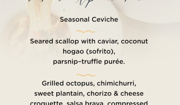 A menu for a Wednesday $95 five-course dinner experience, listing: ceviche, scallop with caviar, grilled octopus, lamb rib, and key lime mousse, with elegant tableware and plated dishes in the background.