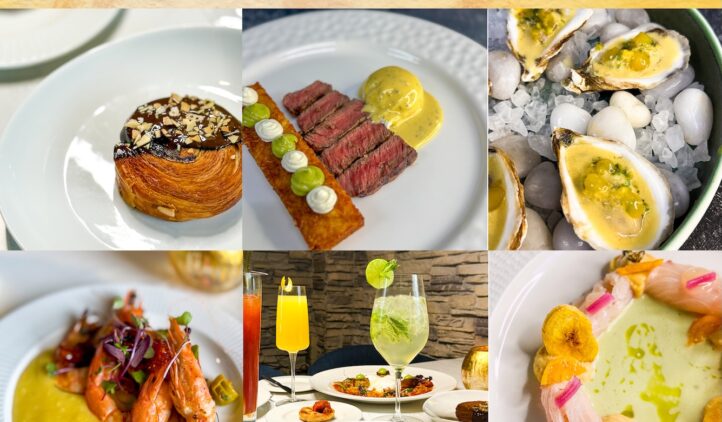 A promotional collage for a Sunday brunch event shows gourmet dishes, seafood, pastries, cocktails, and elegant table settings with the text: The Art of Sunday Brunch, One Sunday a Month, 11 AM – 2 PM.