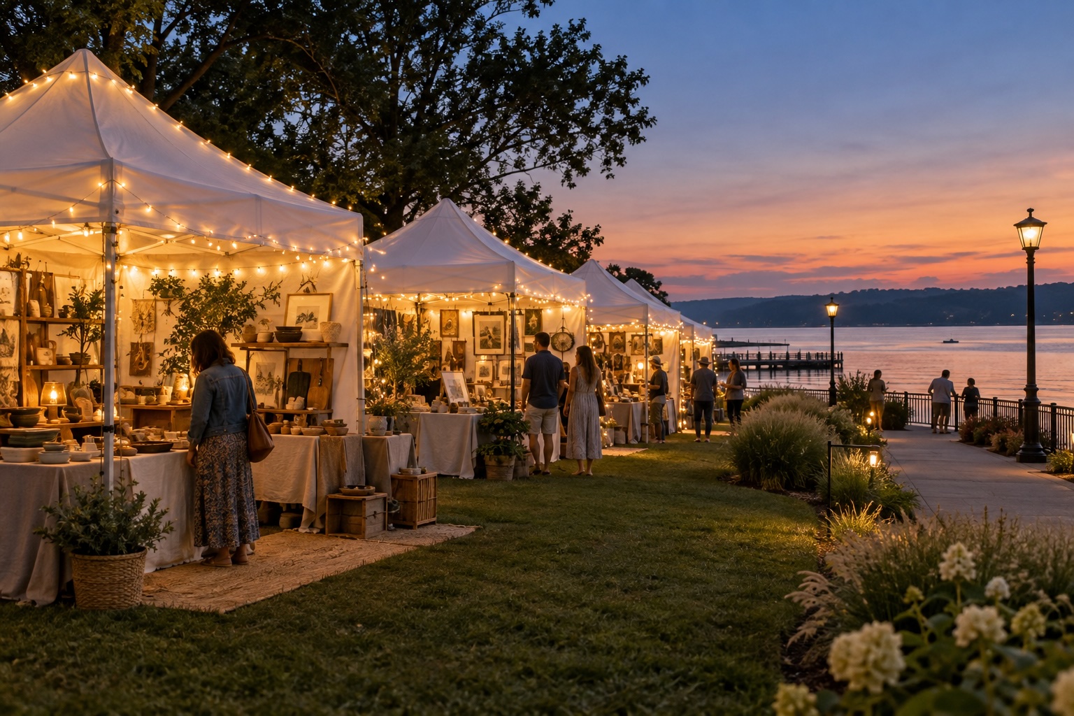 Art tents with string lights line a grassy path at sunset by a waterfront. People browse paintings and pottery while a boat floats on the water in the distance.