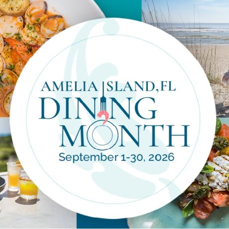 Promotional graphic for “Amelia Island, FL Dining Month, September 1-30, 2026” with photos of gourmet dishes, a couple walking on the beach, and scenic coastal views.