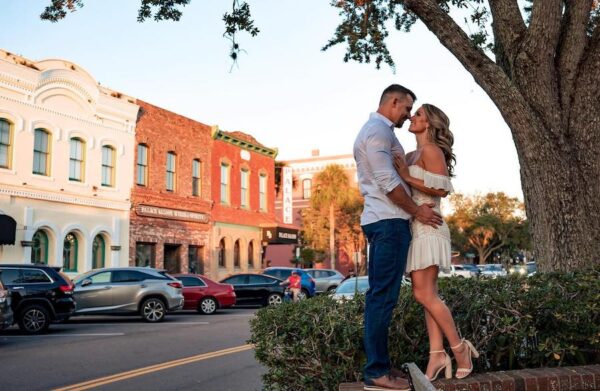 downtown engagement couple