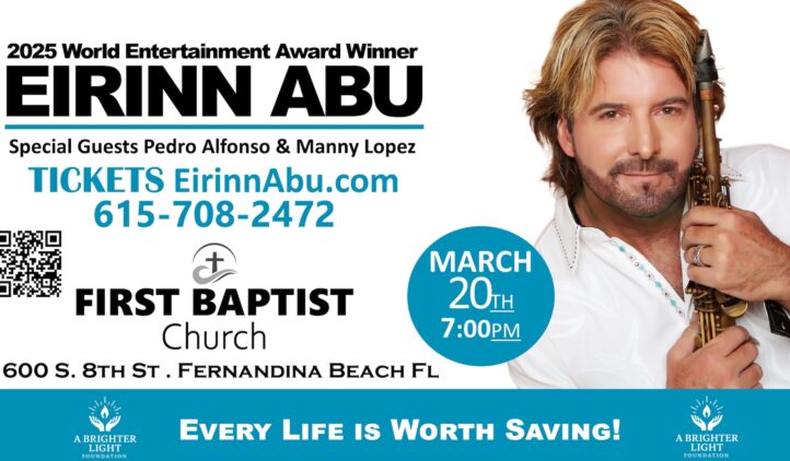 Promotional flyer for a concert by Eirinn Abu at First Baptist Church, Fernandina Beach, FL on March 20th at 7pm, with photo of Eirinn Abu holding a saxophone; ticket info and guest names included.