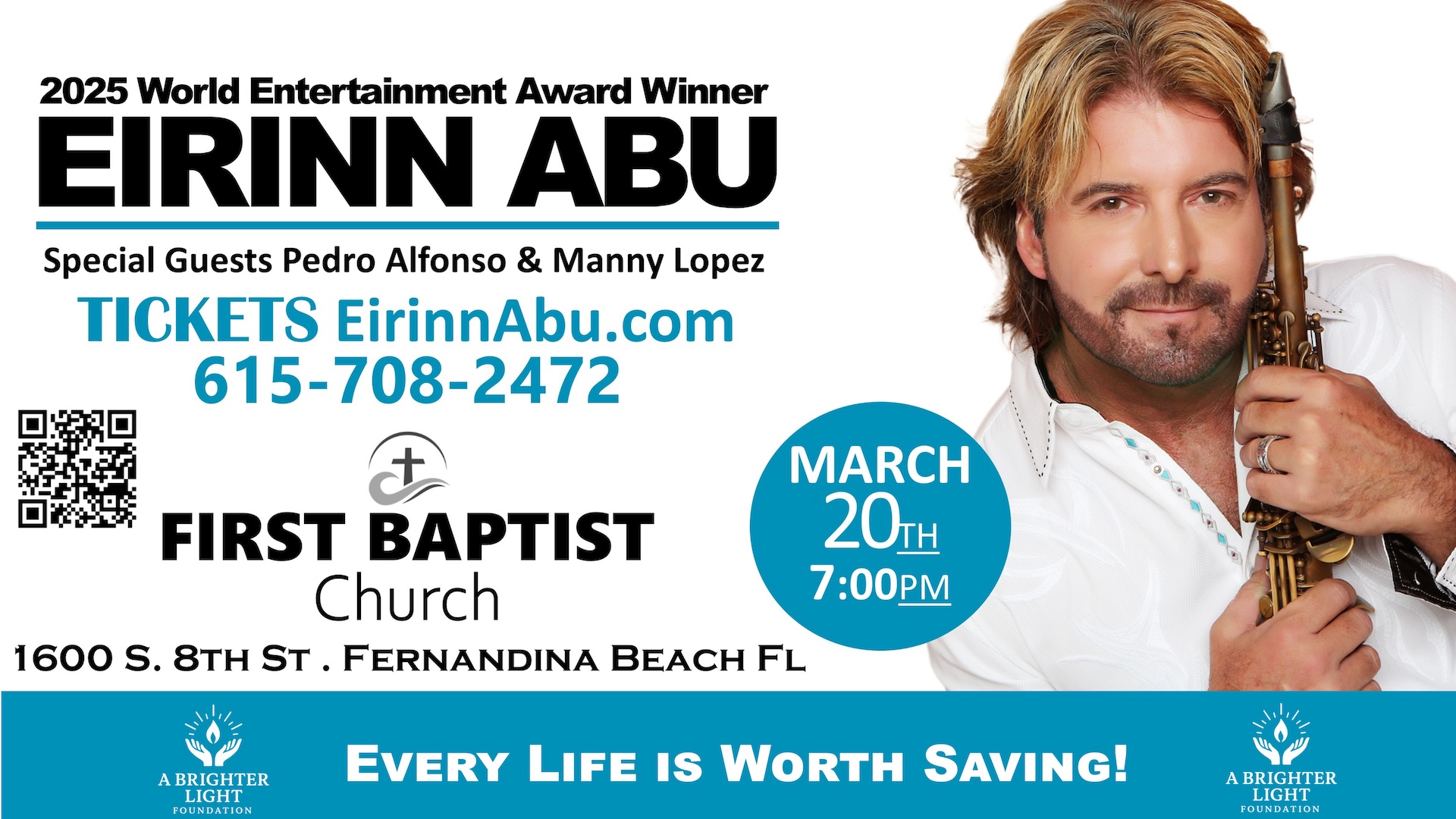 Promotional flyer for a concert by Eirinn Abu at First Baptist Church, Fernandina Beach, FL on March 20th at 7pm, with photo of Eirinn Abu holding a saxophone; ticket info and guest names included.