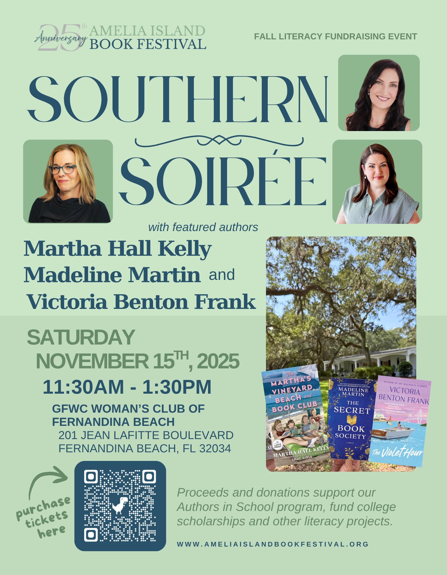 Flyer for the Amelia Island Book Festival’s Southern Soirée event, featuring authors Martha Hall Kelly, Madeline Martin, and Victoria Benton Frank. Includes event date, time, and location details, along with author photos, book covers, and a QR code for ticket purchases.