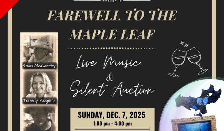 Event flyer for Farewell to the Maple Leaf at Amelia Island Museum of History, featuring photos of Sean McCarthy, Tammy Rogers, and Thomm Jutz, with live music and silent auction on Dec 7, 2025, from 1-4 pm.