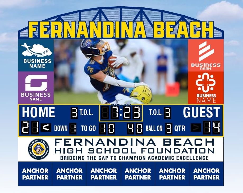 A football player in blue and yellow runs with the ball on a scoreboard reading Fernandina Beach. The home team leads 21-14, with 7:23 left in the third quarter. Sponsorship logos are shown below.