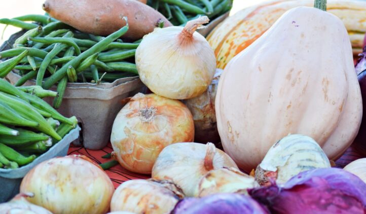 A close-up of assorted fresh vegetables, including onions, green beans, sweet potatoes, red onions, and a pale butternut squash, displayed together on a table.