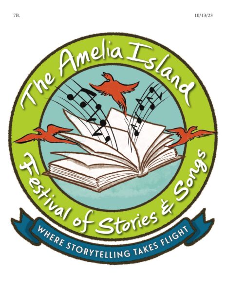 Logo for The Amelia Island Festival of Stories & Songs featuring an open book, flying birds, and musical notes, with the tagline Where Storytelling Takes Flight.