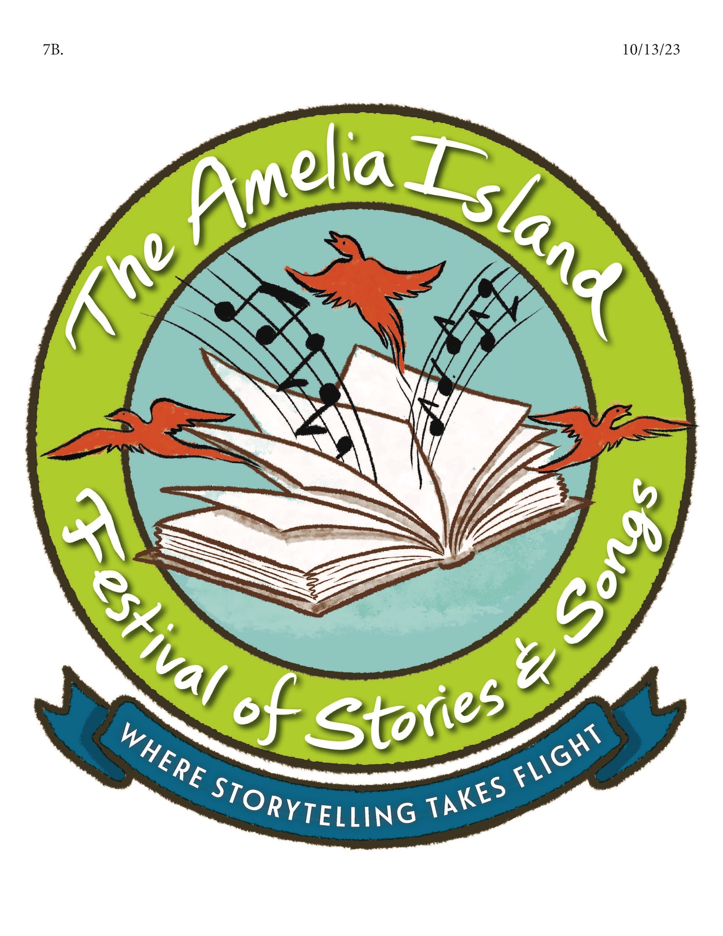 Logo for The Amelia Island Festival of Stories & Songs featuring an open book, flying birds, and musical notes, with the tagline Where Storytelling Takes Flight.