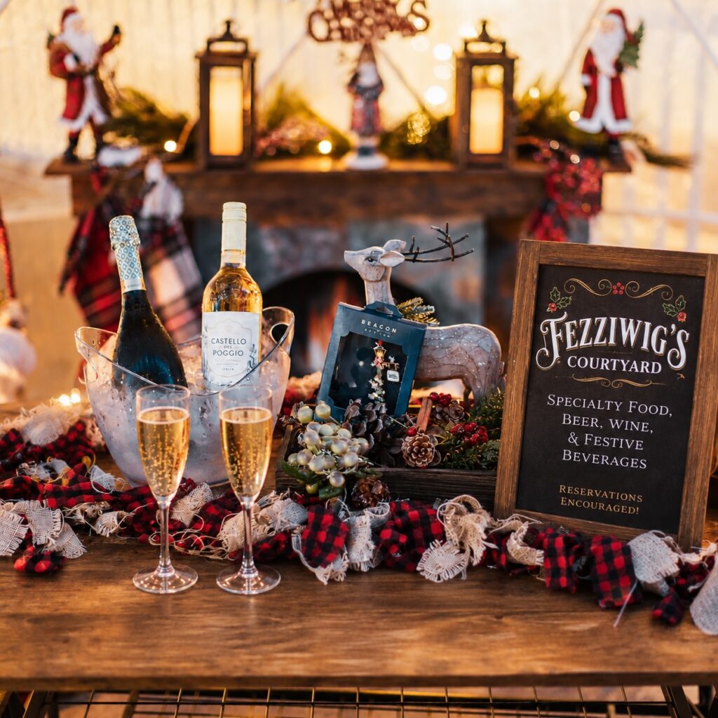 A festive holiday table with wine, champagne, glasses, holiday decor, and a sign reading Fezziwigs Courtyard offering food, drinks, and reservations, set in a cozy, warmly lit setting with Christmas decorations.