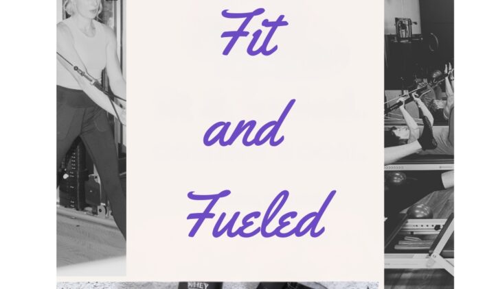 A collage with “Fit and Fueled” in the center, surrounded by photos of people exercising, lifting weights, using gym equipment, and bottles of protein supplements and dumbbells.